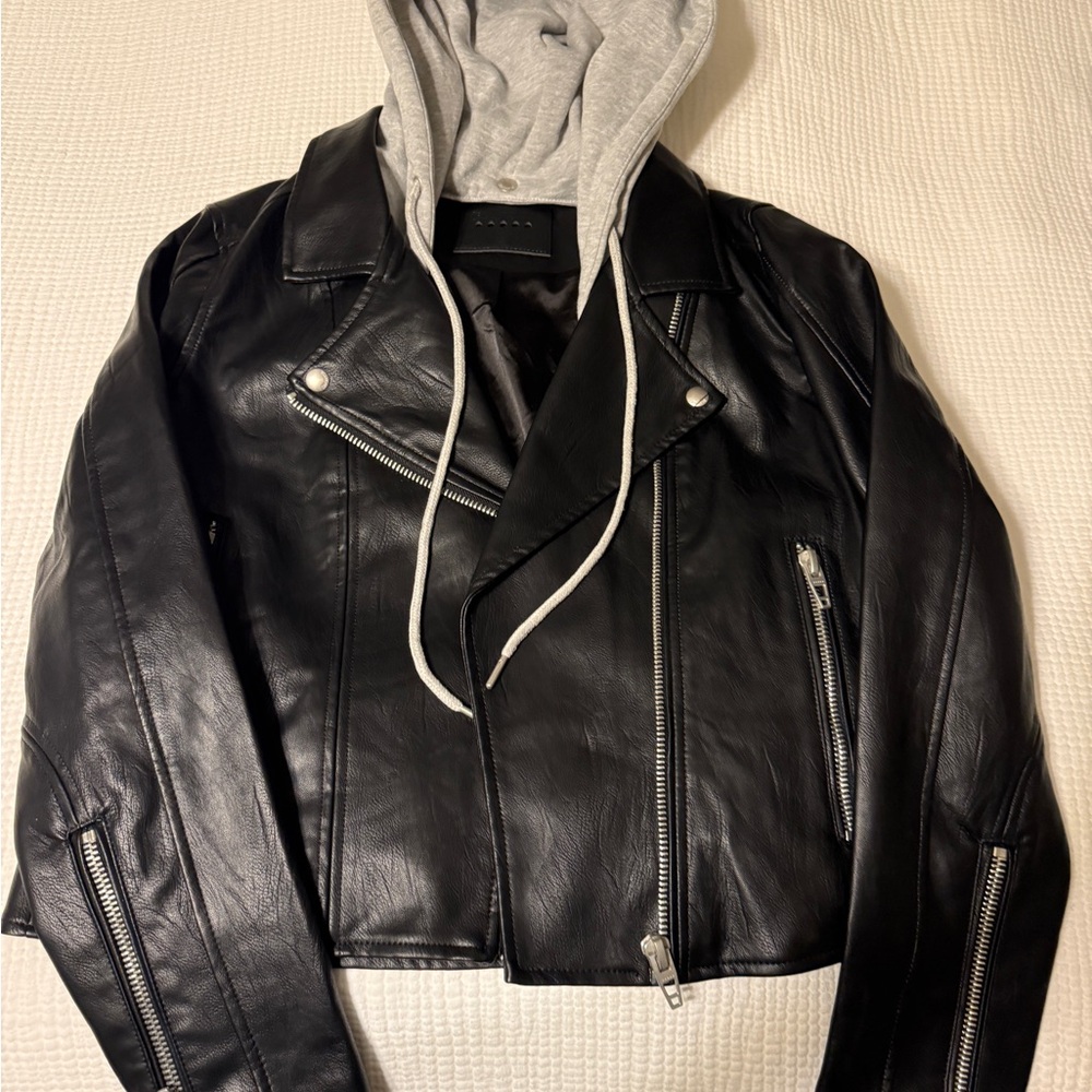 Blank NYC Black Faux Leather Jacket with removable gray hood